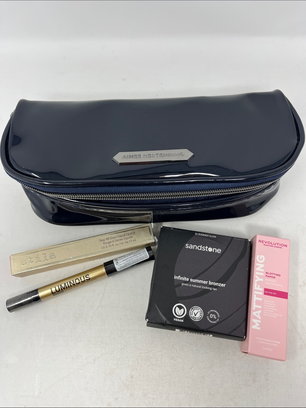 AIMEE KESTENBERG NAVY PATENT COSMETIC BAG AND MAKEUP BUNDLE ALL NEW